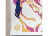 an image of a picture of a woman ' s face on a purple and yellow poster