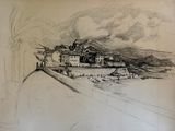 dessin représentant une vue d'une plage avec un bâtiment en arrière-plan