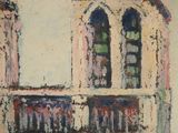 painting of a church with a clock tower and a clock on the front of it