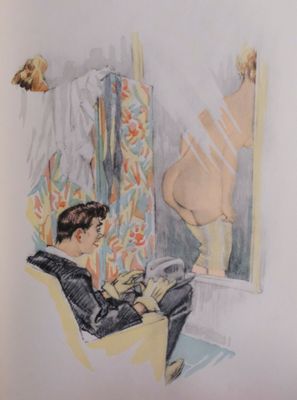 painting of a man sitting in a chair reading a book in front of a window