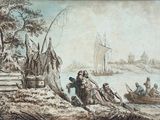 tableau représentant un groupe de personnes dans un bateau sur une rivière