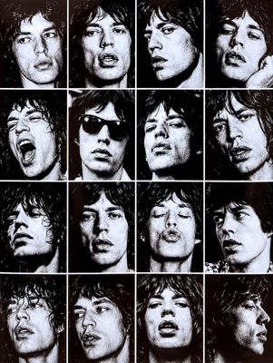 une photo en noir et blanc représentant un collage des visages des Rolling Stones