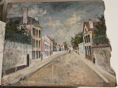une peinture accrochée au mur d'un immeuble représentant un homme marchant dans la rue