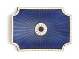 a blue tray with a clock on it on a white surface