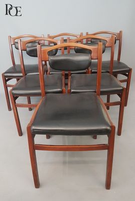 set of six danish teak dining chairs with black leather seats