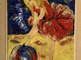 un tableau représentant une femme en robe rouge jouant avec un ballon