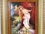 painting of a woman in a garden with flowers in a gold frame