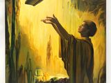 painting of a man holding a book above his head in front of a cave