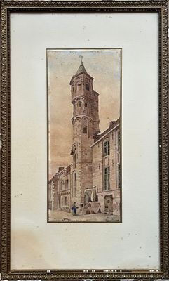 tableau représentant un vieux bâtiment avec une tour horloge en son centre