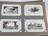 several black and white photos of a car and a truck in a box
