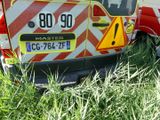 a red and white van that is parked in the grass