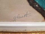 a close up of a painting of a bird on a ledge