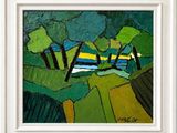 a painting of a landscape with trees and a river in the distance