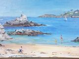 a painting of people on the beach by the water