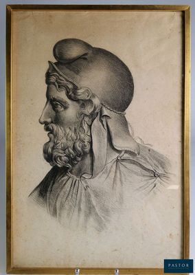 un vieux dessin représentant un homme avec un chapeau et une barbe