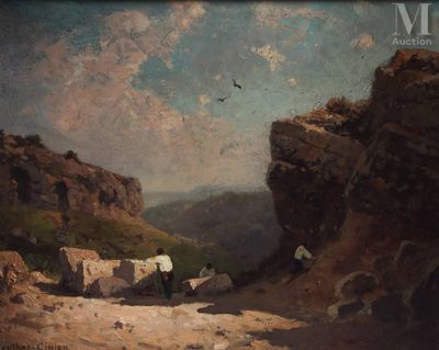 une image représentant un tableau d'un paysage rocheux survolé par un oiseau