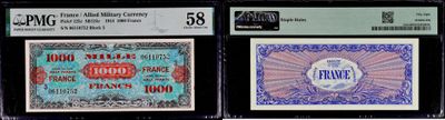 three different types of currency are displayed in a display case
