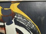 a close up of a painting of a bird on a black background