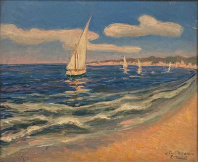 un tableau représentant des voiliers sur l'eau, près de la plage