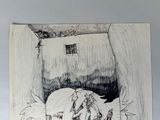 a drawing of a man laying on a bed next to a cat