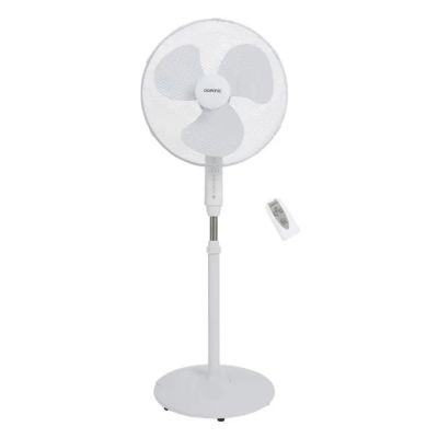 an image of a white fan with a remote control sitting on a stand