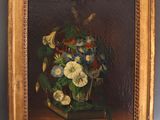 a painting of flowers in a glass vase on a table