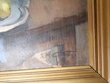 a painting of a bowl of fruit and a candle on a table