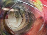 a close up of a glass vase with a colorful design on it