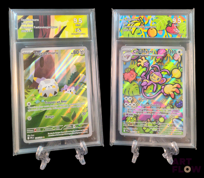 two pokemon cards on display in a clear case