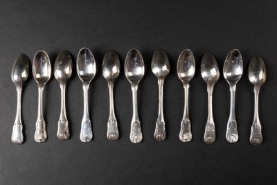 six silver spoons lined up in a row on a black surface