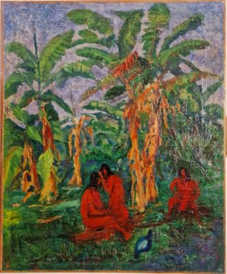un tableau représentant deux hommes assis dans un champ avec des bananes