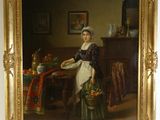 tableau représentant une femme avec un panier de fruits dans une pièce