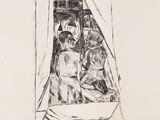 an image of a black and white drawing of a woman sitting in a window