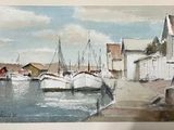 a painting of boats in a harbor with buildings in the background