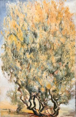 une peinture à l'huile représentant un arbre dans un champ, avec le ciel en arrière-plan