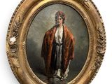 an old painting of a man in a brown coat standing in front of a white wall