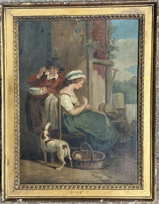 an old painting of a woman and a dog in front of a house