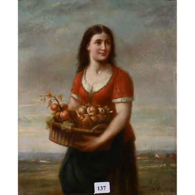 une image représentant un tableau où l'on voit une femme tenant un panier de fruits