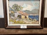 tableau représentant une maison au bord de l'eau, avec un arbre au premier plan