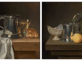 two pictures of a still life with bread and wine