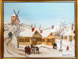 tableau représentant une scène hivernale avec des chevaux tirant des traîneaux sur une route enneigée