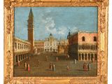 an image of a painting of a city square with a clock tower