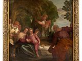 an oil painting of a group of people in a wooded setting
