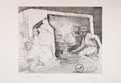 dessin au crayon représentant un groupe de personnes assises autour d'une cheminée