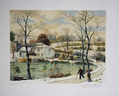 an image of a painting of a man and a woman walking in the snow