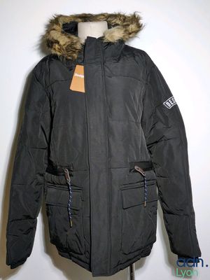 an image of a black jacket with a hood on a mannequin mannequin