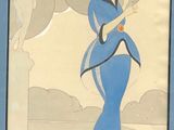 a painting of a woman in a blue dress holding an umbrella