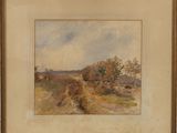 an image of a painting of a dirt road with trees in the background