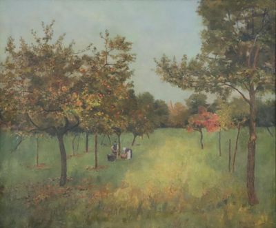 un tableau représentant deux personnes dans un champ bordé d'arbres