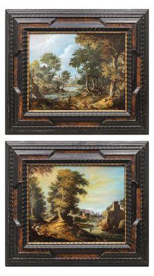 paire de peintures à l'huile du XIXe siècle représentant un paysage boisé